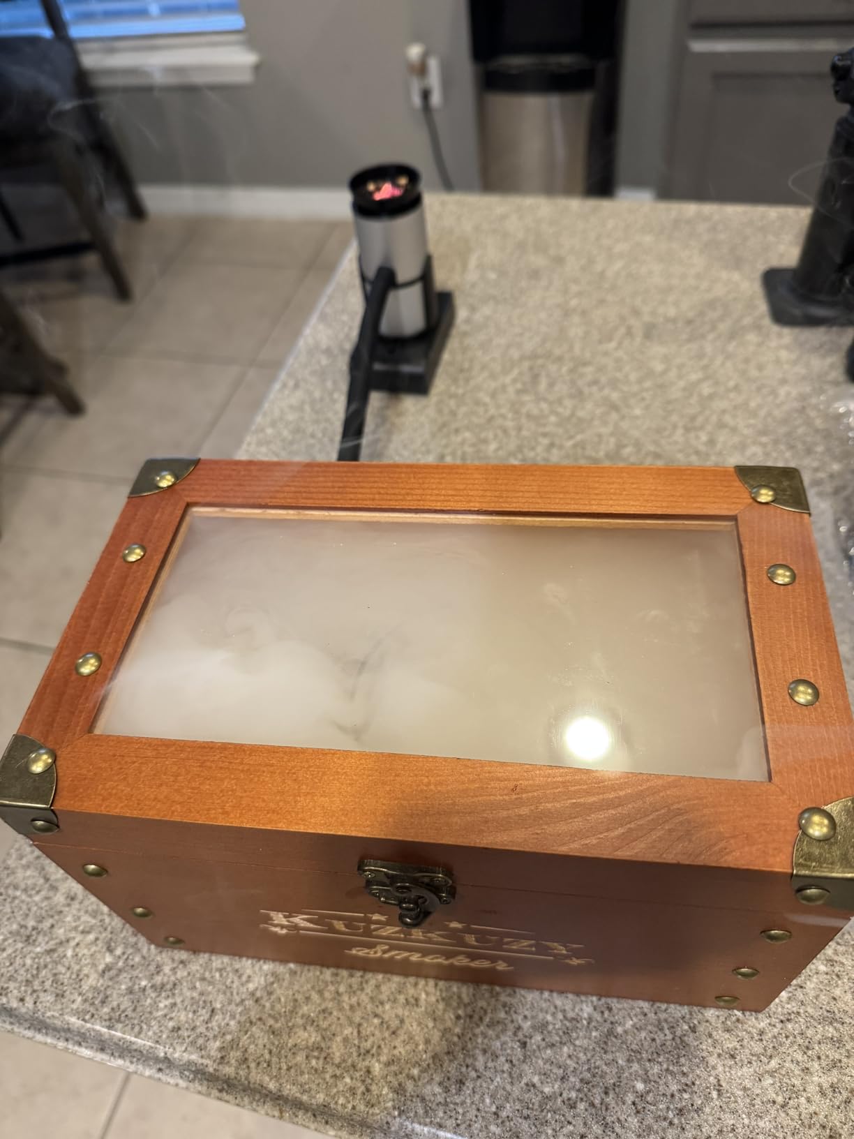 Kuzkuzy smoker top with wood chips ignited customer photo